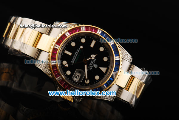 Rolex GMT Master II Swiss ETA 2836 Automatic Movement Black Dial with Diamond Bezel and Two Tone Strap - Click Image to Close